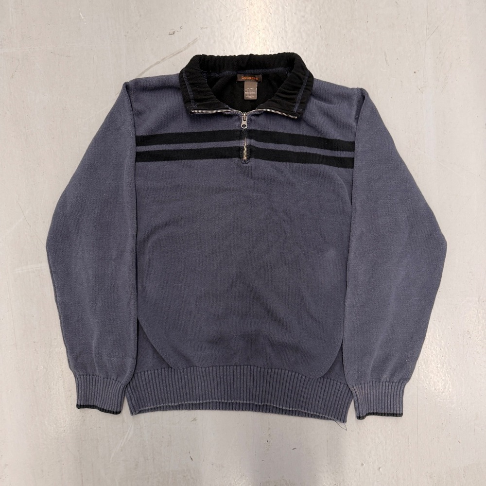 Dockers Mens XL Quarter‎ Zip Sweater Blue Gray Striped Cotton Fleece Collar